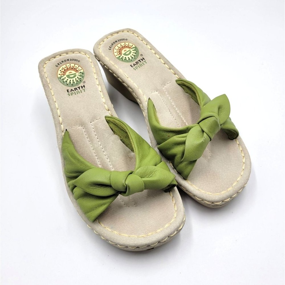 Earth Spirit Women's 6.5 BOONE Green Leather Bow Slide Wedge Comfort Sandals